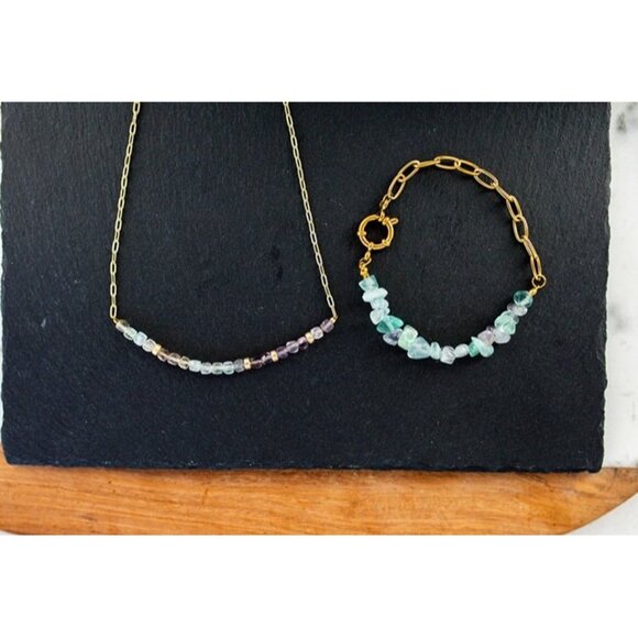 Fluorite Bundle Necklace & Bracelet Non-tarnish Gold Chain Waterproof Jewelry - Picture 1 of 12
